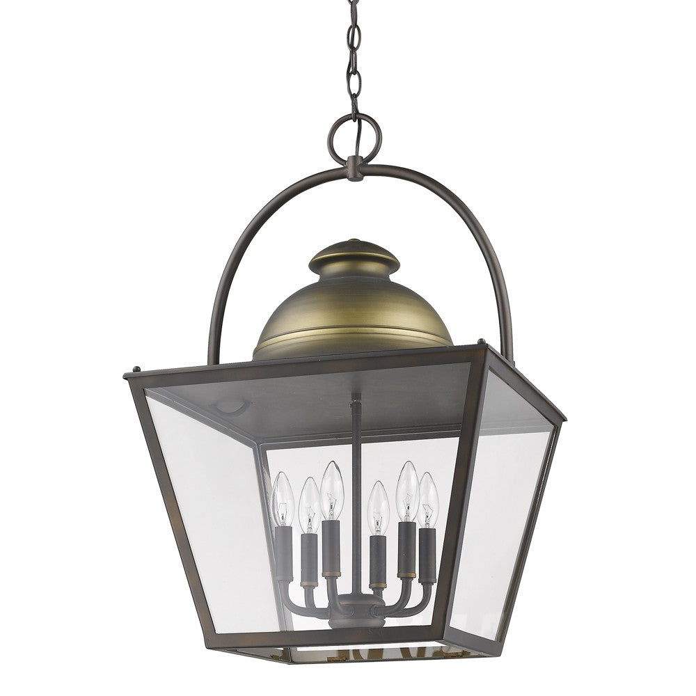 HomeRoots Savannah 6-Light Foyer Pendant With Raw Brass Accents And Clear Glass Panes in Oil-Rubbed Bronze Finish