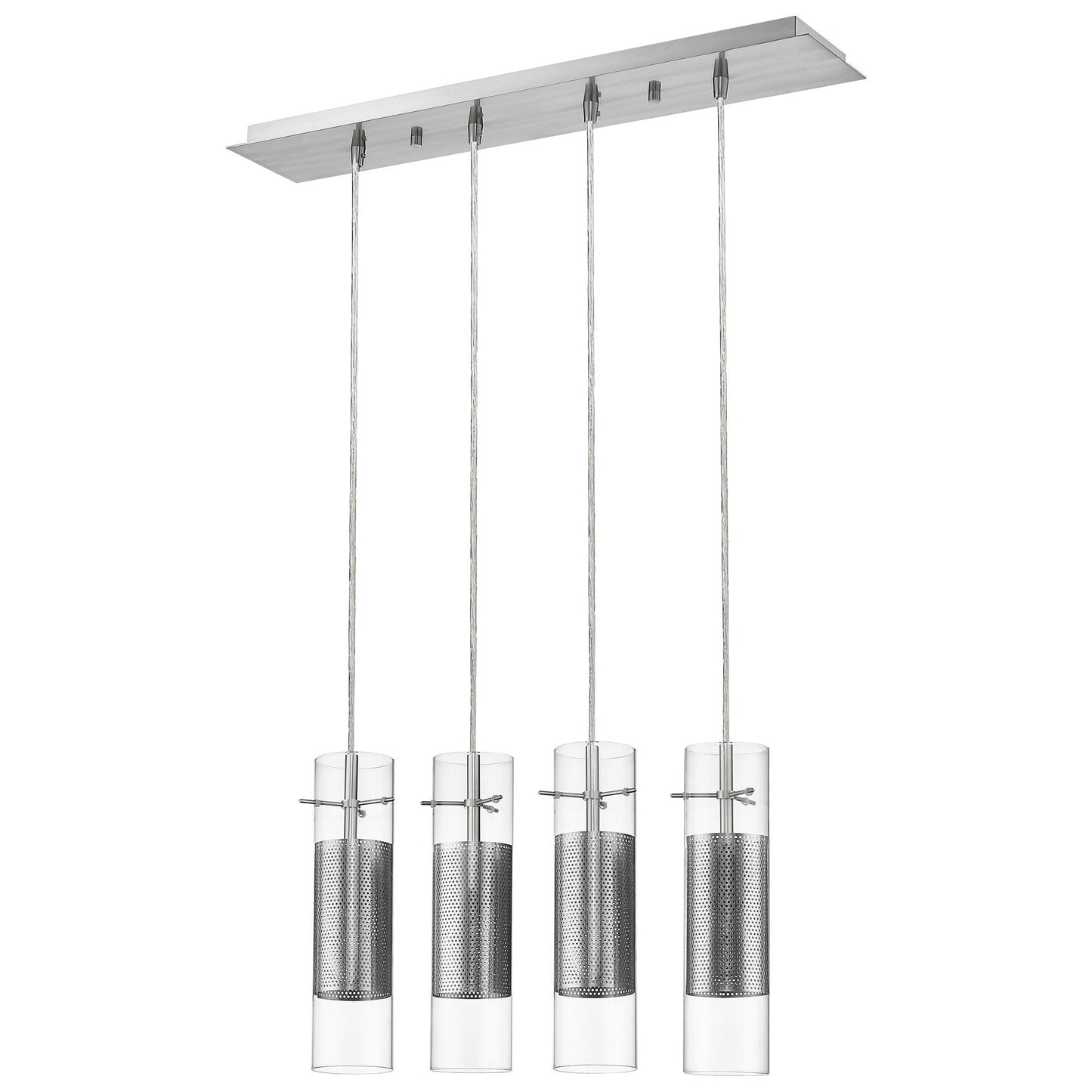 HomeRoots Scope 4-Light Pendant With Double Glass And Mesh Shades in Brushed Nickel Finish