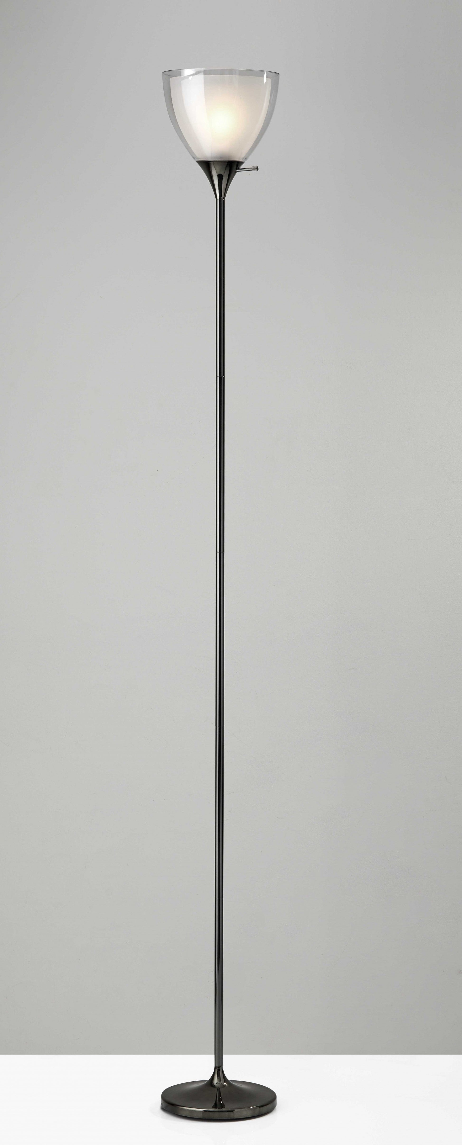 HomeRoots Shiny Metal Torchiere Floor Lamp With Frosted Inner Shade and Black Nickel Finish