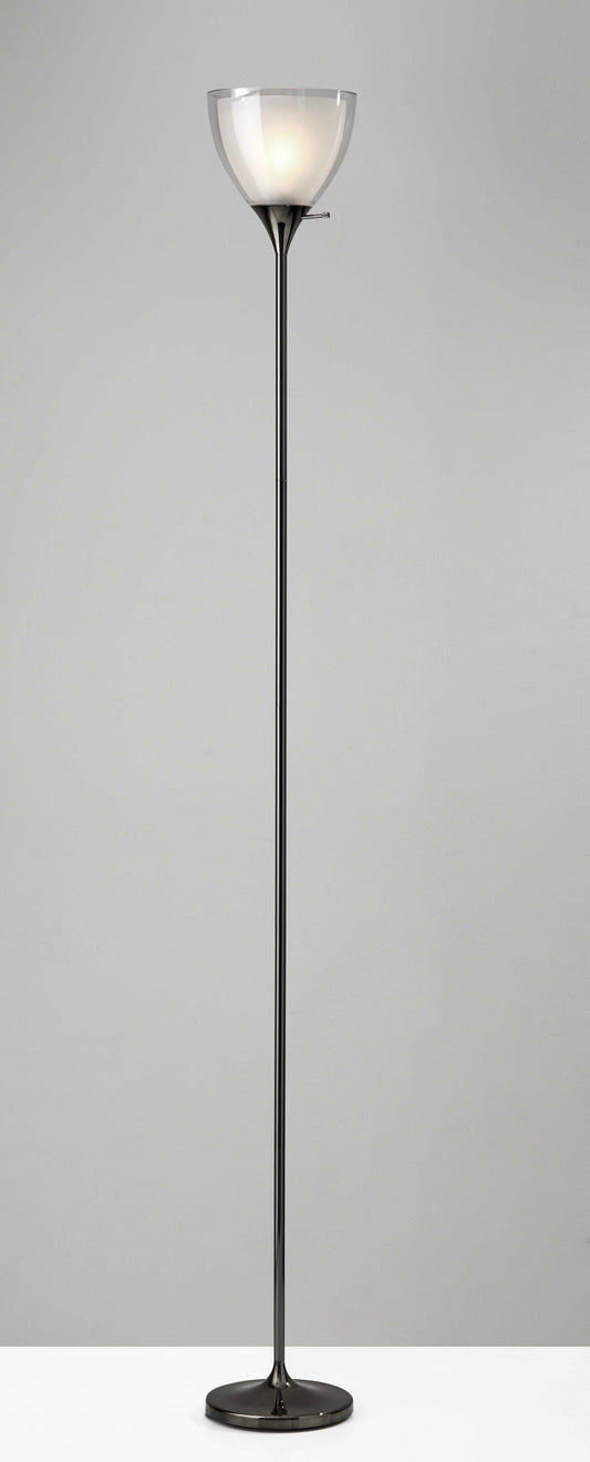 HomeRoots Shiny Metal Torchiere Floor Lamp With Frosted Inner Shade and Black Nickel Finish