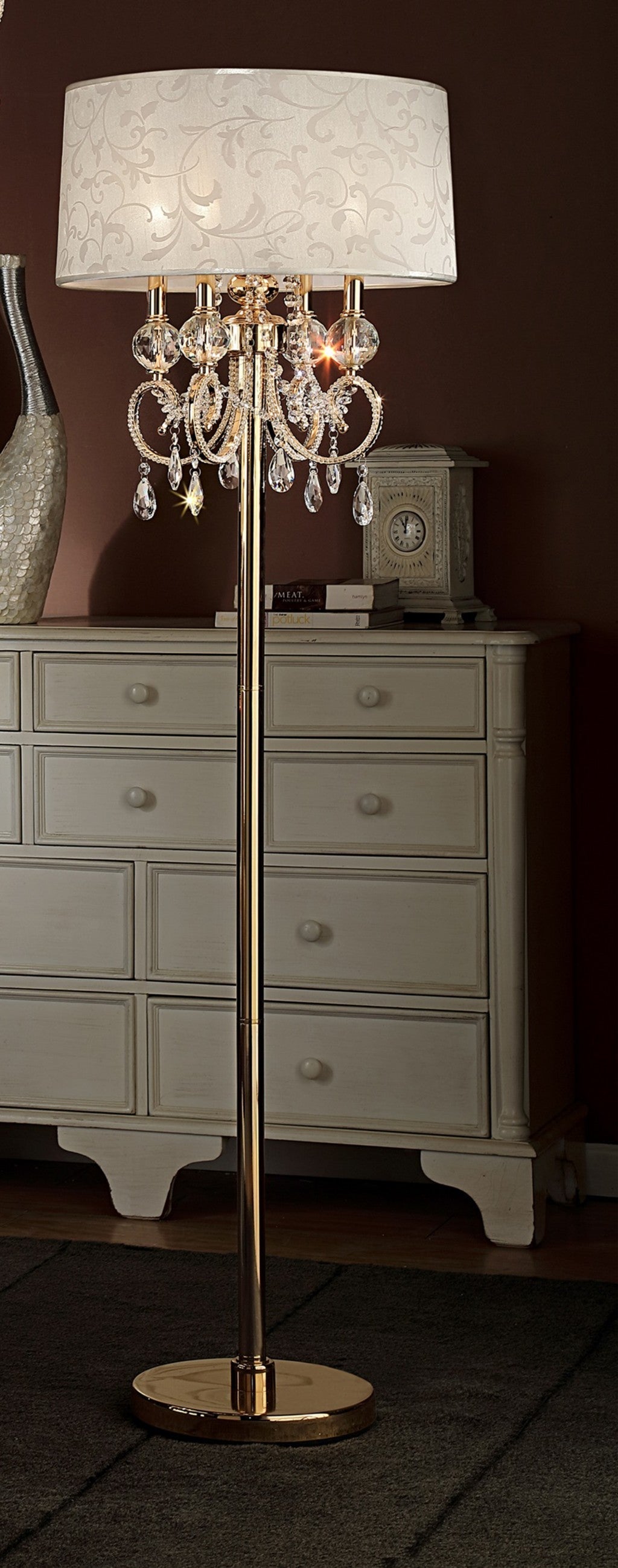 HomeRoots Stunning Floor Lamp With Crystal Accents in Brass Gold Finish