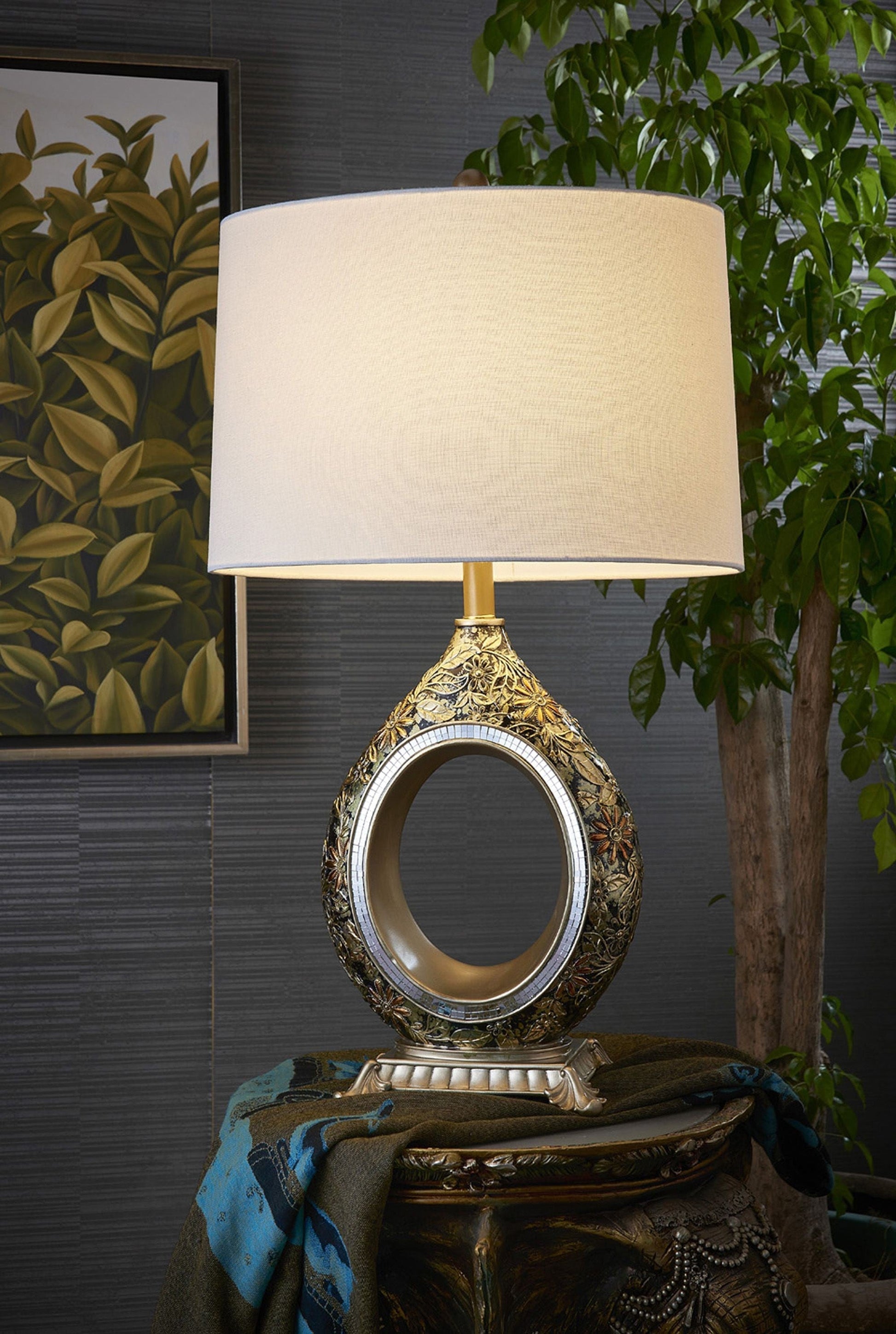 HomeRoots Table Lamp With Gold Flowers Accents in Vintage Silver Finish