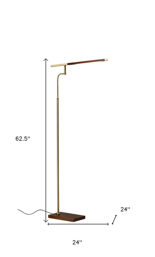 HomeRoots Thin Silhouette Adjustable LED Floor Lamp with Walnut Wood Finish and Antique Brass Accents