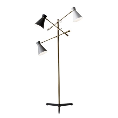 HomeRoots Three Arm Adjustable Floor Lamp in Brass Metal With Grey Black and White Shades