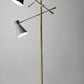 HomeRoots Three Arm Adjustable Floor Lamp in Brass Metal With Grey Black and White Shades