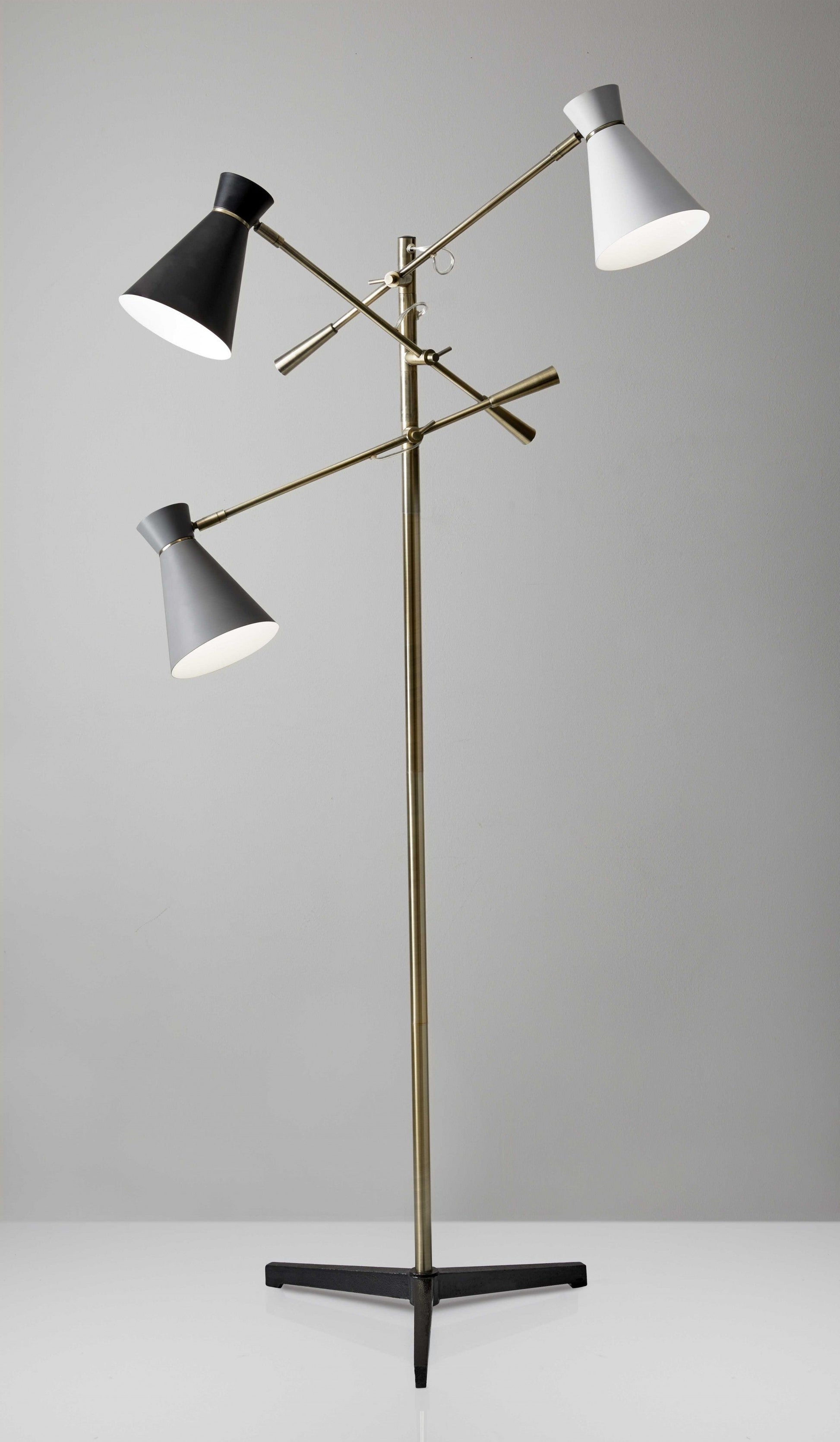 HomeRoots Three Arm Adjustable Floor Lamp in Brass Metal With Grey Black and White Shades