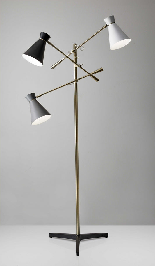 HomeRoots Three Arm Adjustable Floor Lamp in Brass Metal With Grey Black and White Shades