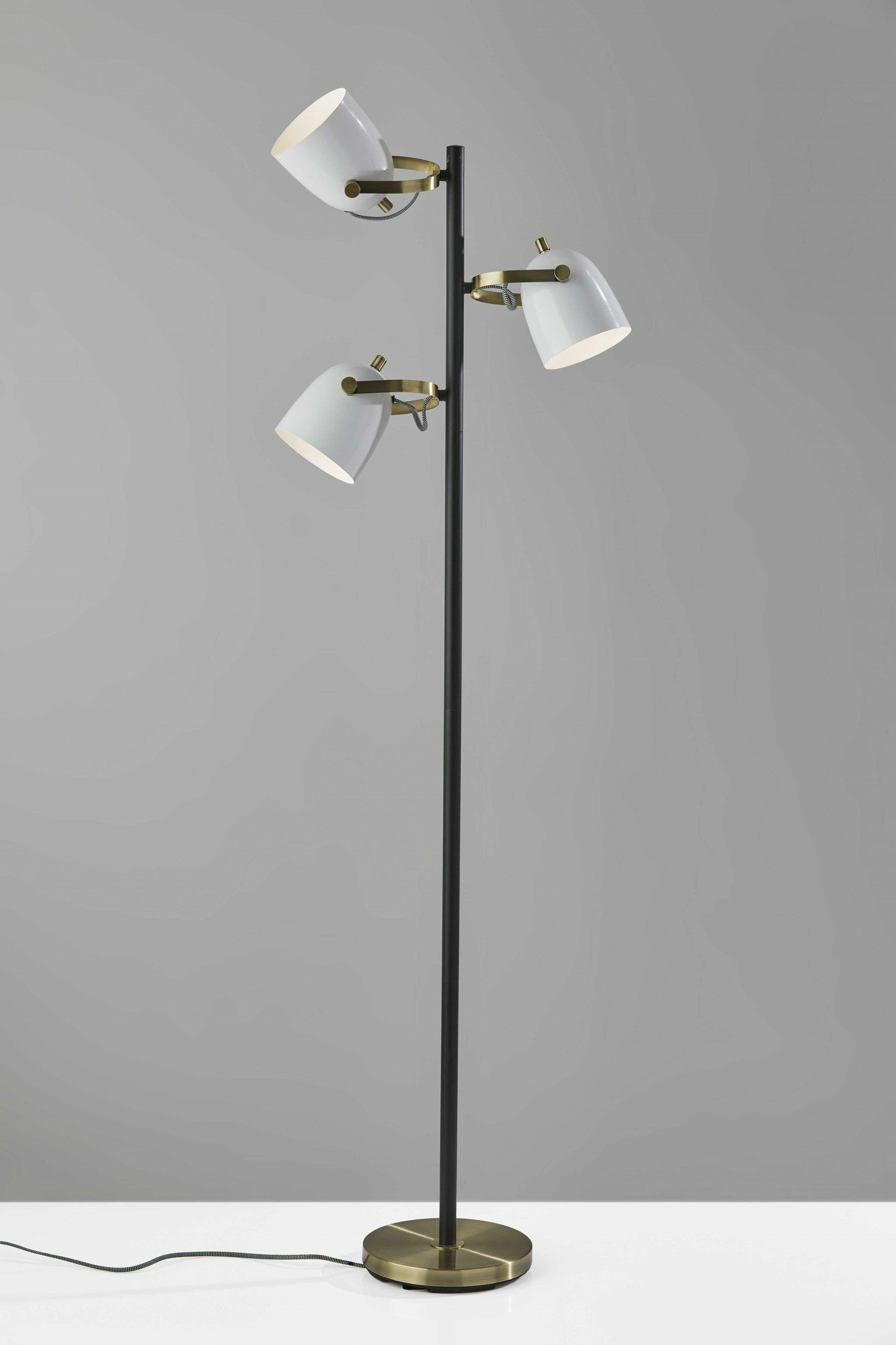 HomeRoots Three Light Floor Lamp with Adjustable White Metal Shades