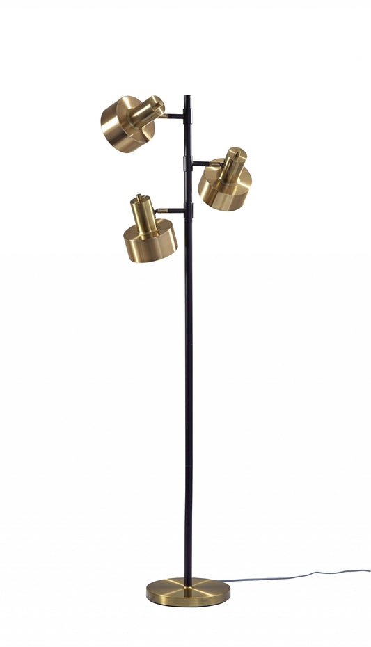 HomeRoots Three Light Floor Lamp with Matte Black Pole and Adjustable Antique Brass Metal Shades