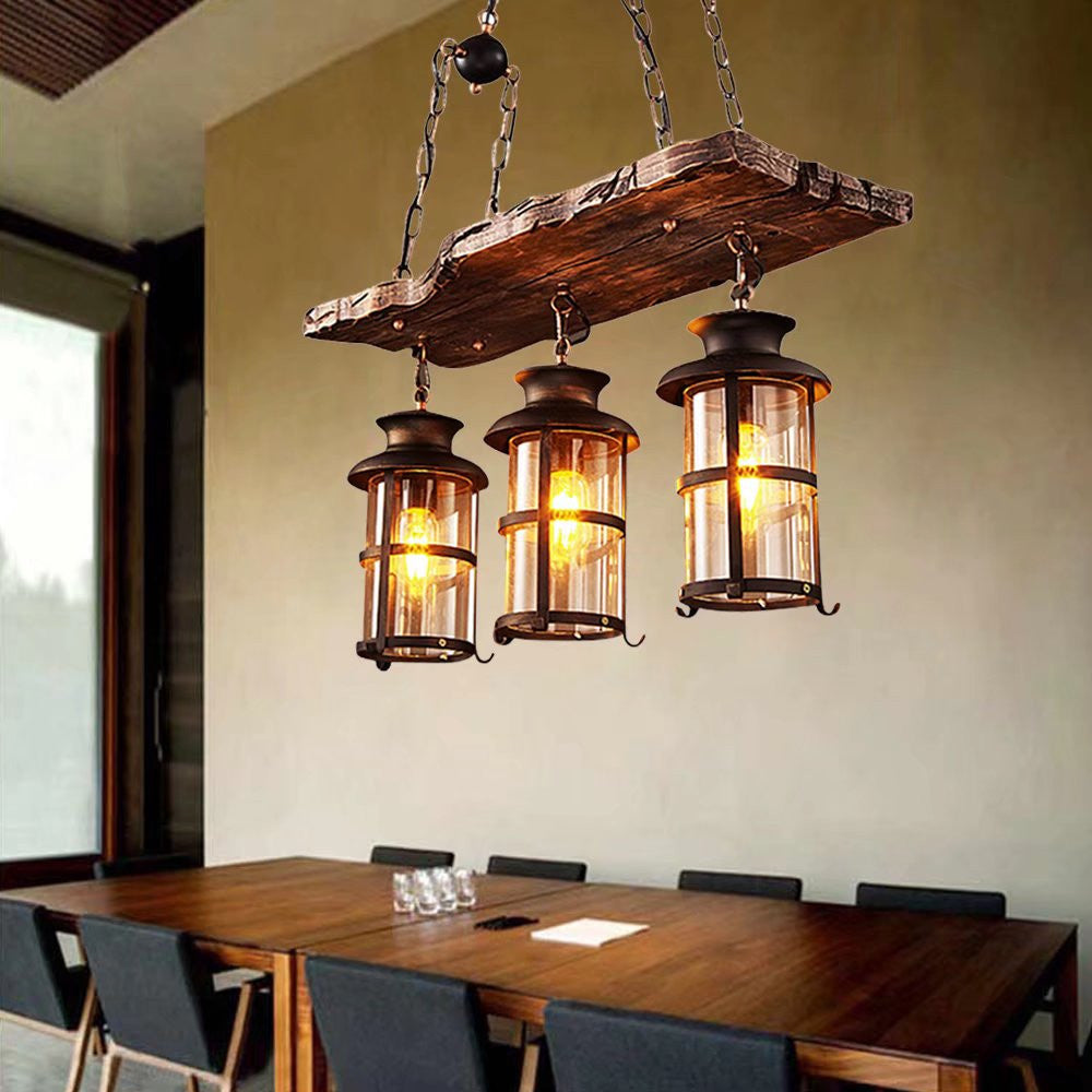 HomeRoots Three Light Hanging Lantern Chandelier With Rustic Wood and Metal Finish