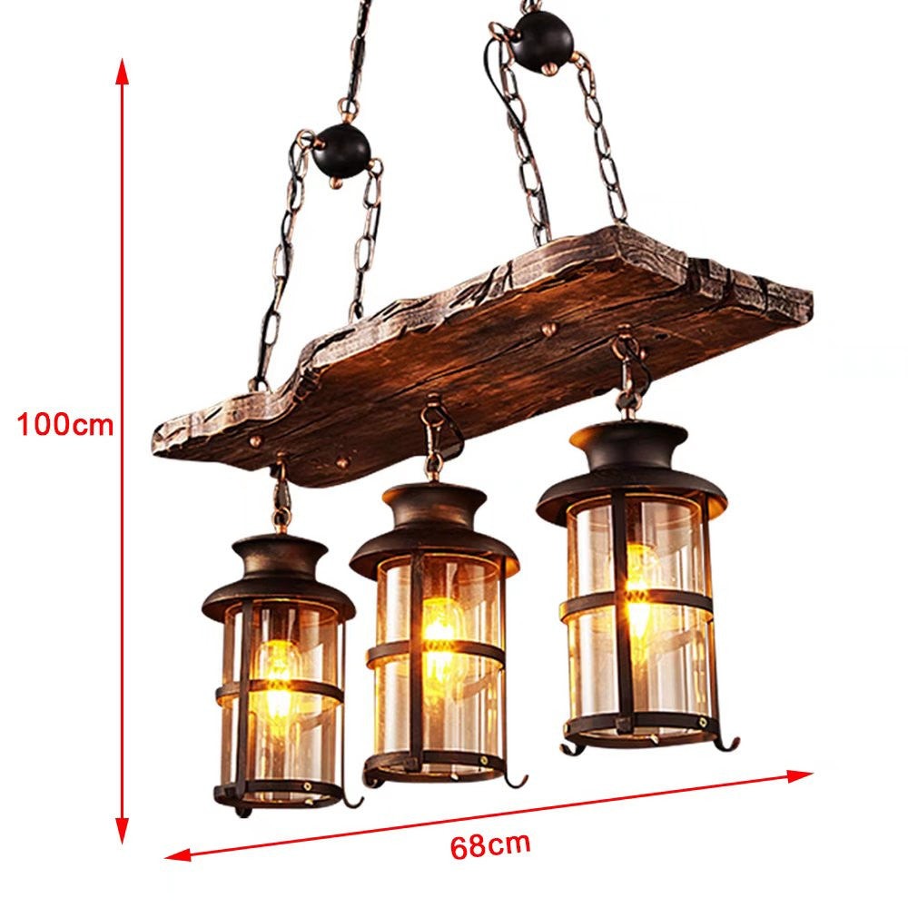 HomeRoots Three Light Hanging Lantern Chandelier With Rustic Wood and Metal Finish