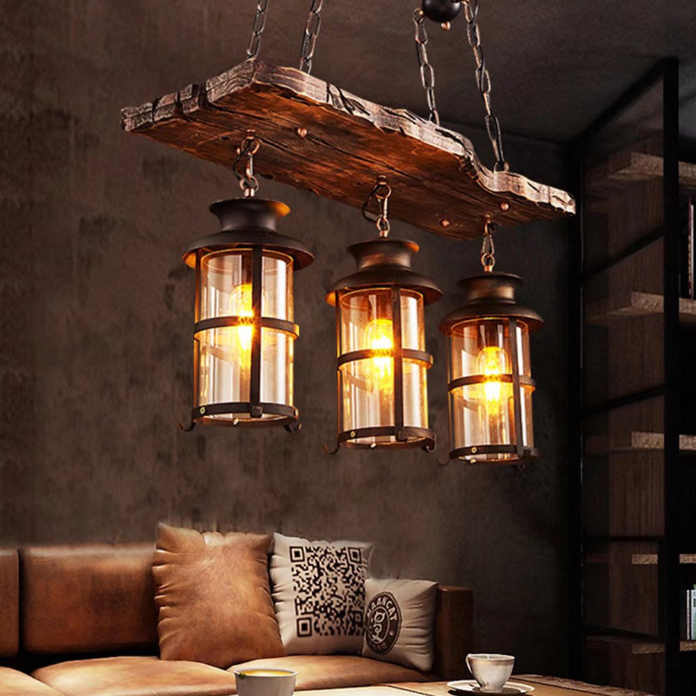 HomeRoots Three Light Hanging Lantern Chandelier With Rustic Wood and Metal Finish