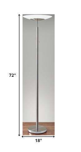 HomeRoots Torchiere Floor Lamp With Thick Metal Pole and Wide Disc Shade in Brushed Steel Finish