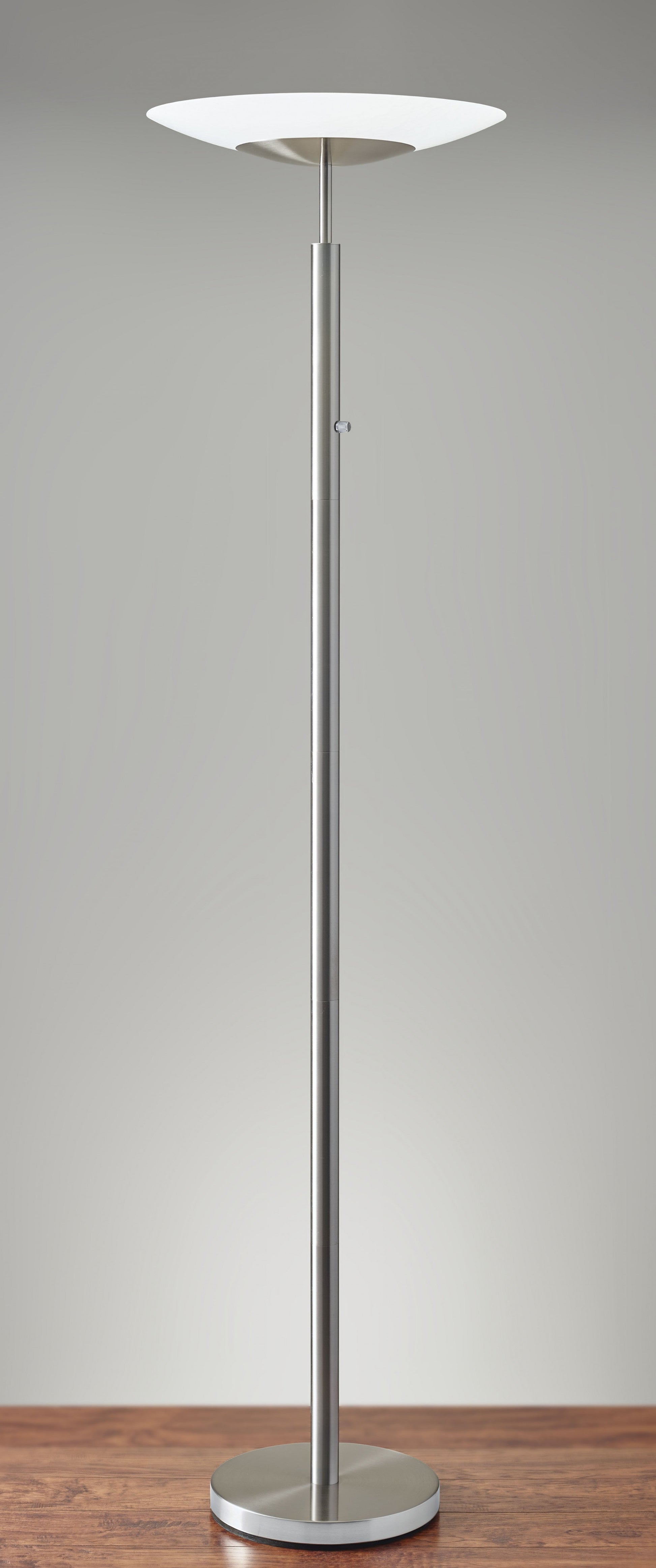 HomeRoots Torchiere Floor Lamp With Thick Metal Pole and Wide Disc Shade in Brushed Steel Finish