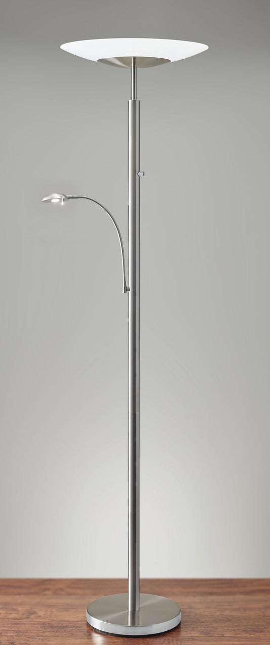 HomeRoots Torchiere Plus Task Light Floor Lamp With Wide Disc Shade in Brushed Steel Metal Finish