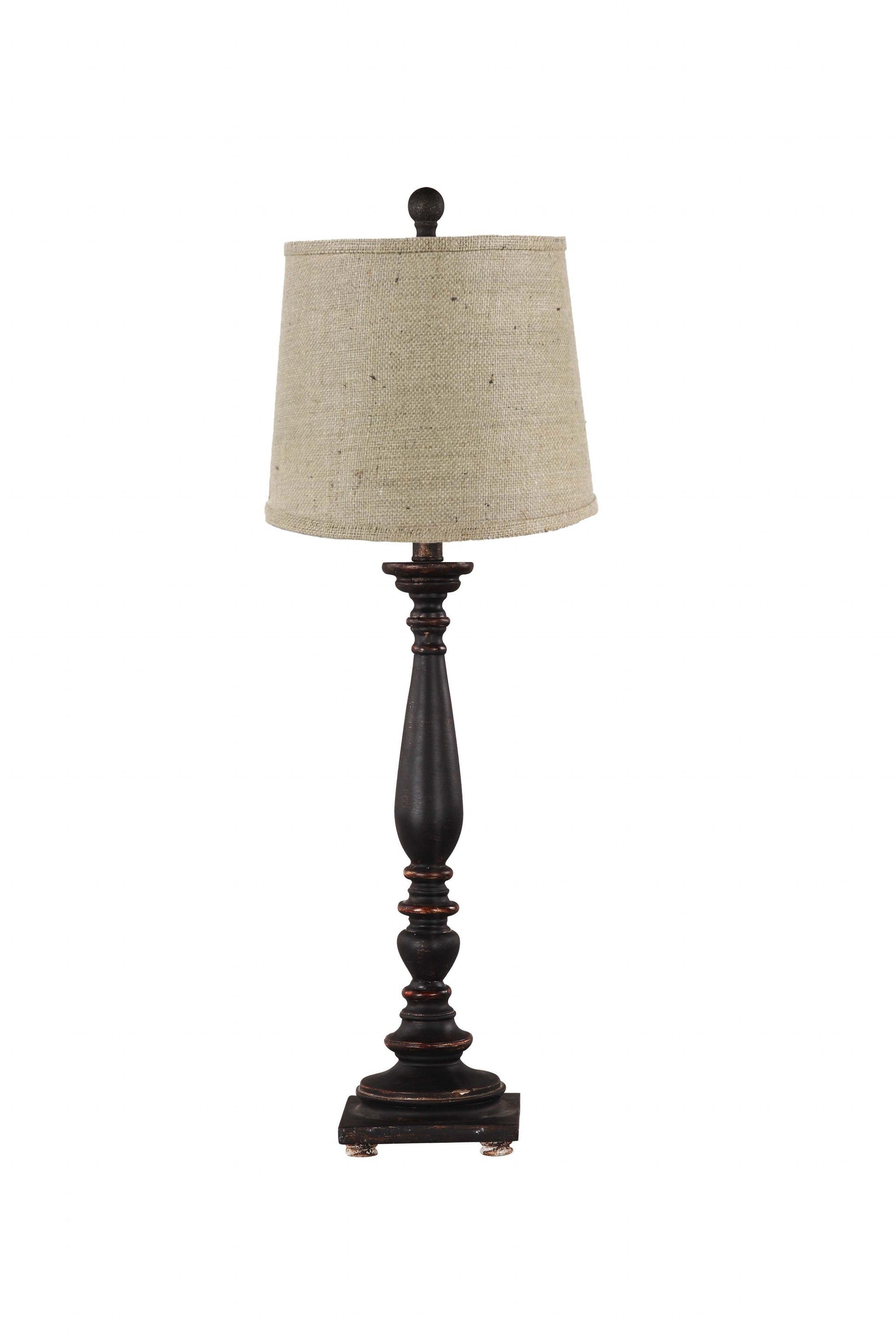 HomeRoots Traditional Table Lamp With Natural Burlap Fabric Shade and Distressed Black Finish