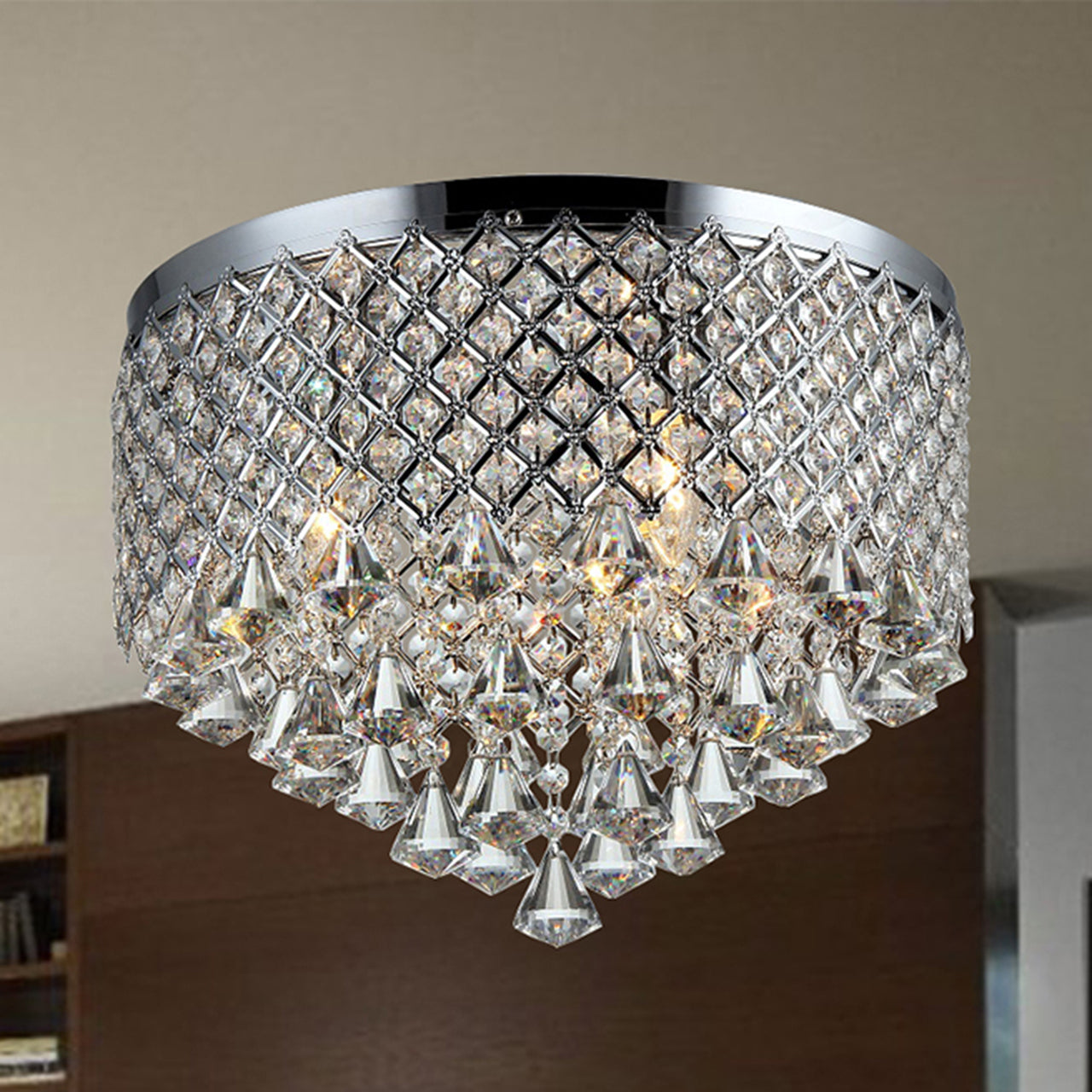 HomeRoots Trey 16" Crystal Flush Mount In Chrome Finish