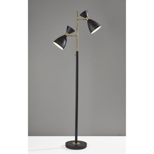 HomeRoots Two Light Brass Cinch Floor Lamp in Black Metal Finish