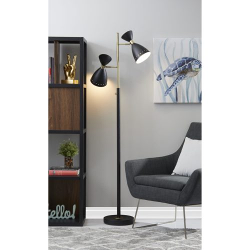 HomeRoots Two Light Brass Cinch Floor Lamp in Black Metal Finish