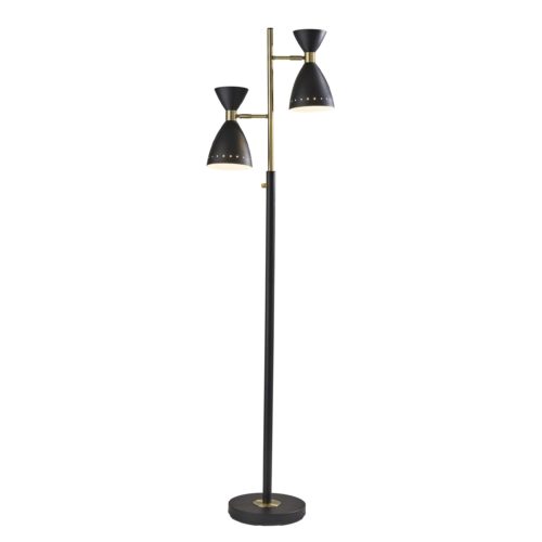 HomeRoots Two Light Brass Cinch Floor Lamp in Black Metal Finish