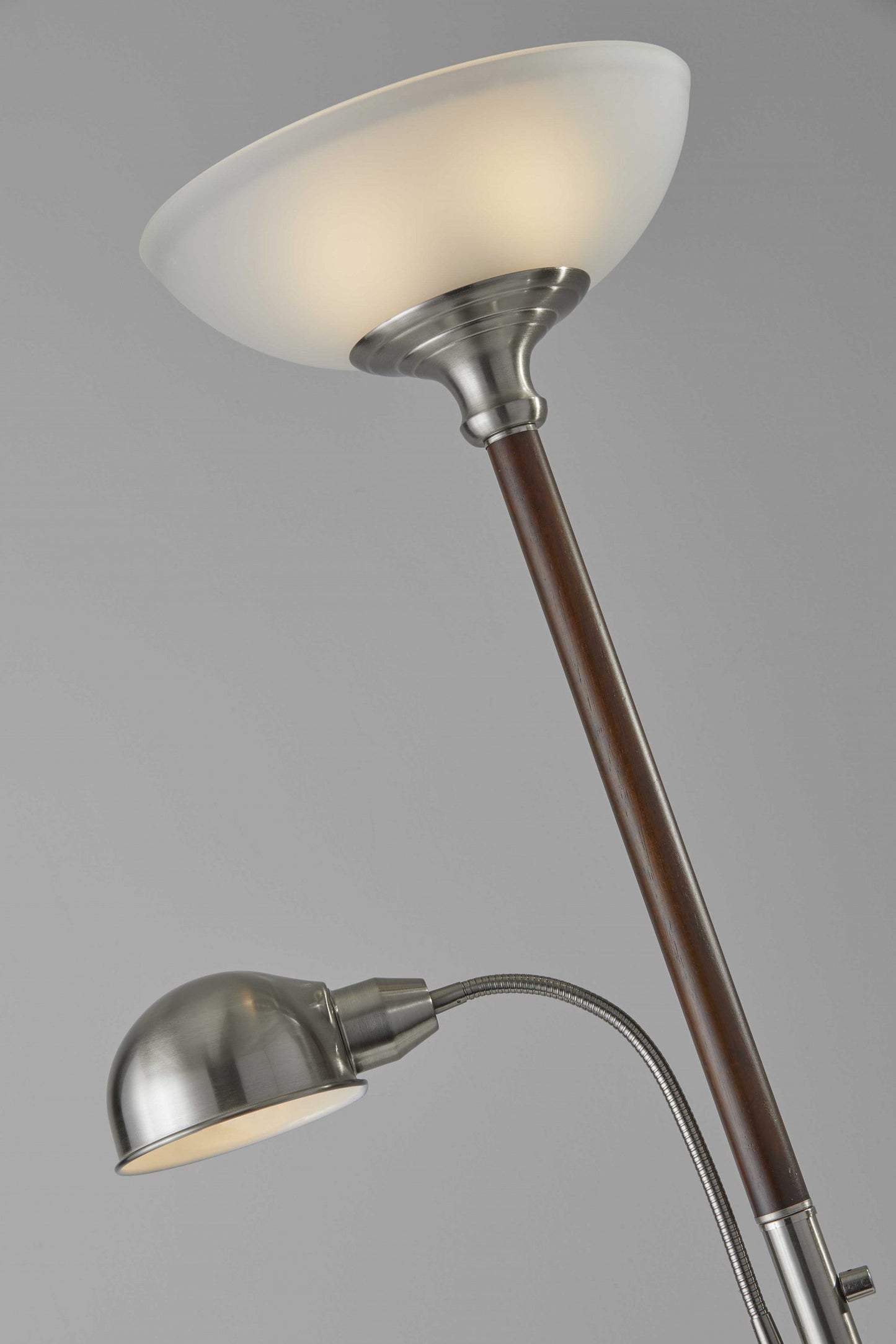 HomeRoots Two Light Combo Floor Lamp Torchiere with Frosted Glass Dome Shade and Reading Light in Wood and Brushed Steel Finish