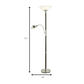 HomeRoots Two Light Combo Floor Lamp Torchiere with Frosted Glass Dome Shade and Reading Light in Wood and Brushed Steel Finish