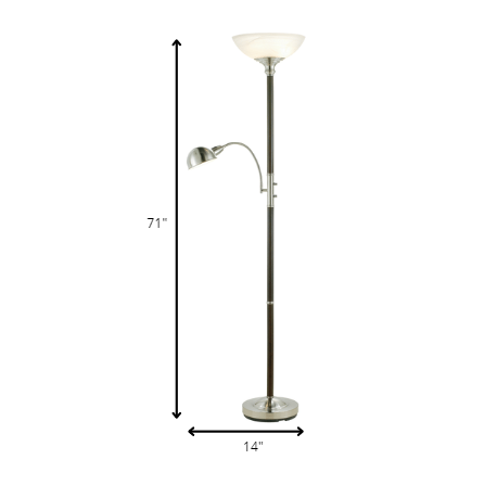 HomeRoots Two Light Combo Floor Lamp Torchiere with Frosted Glass Dome Shade and Reading Light in Wood and Brushed Steel Finish