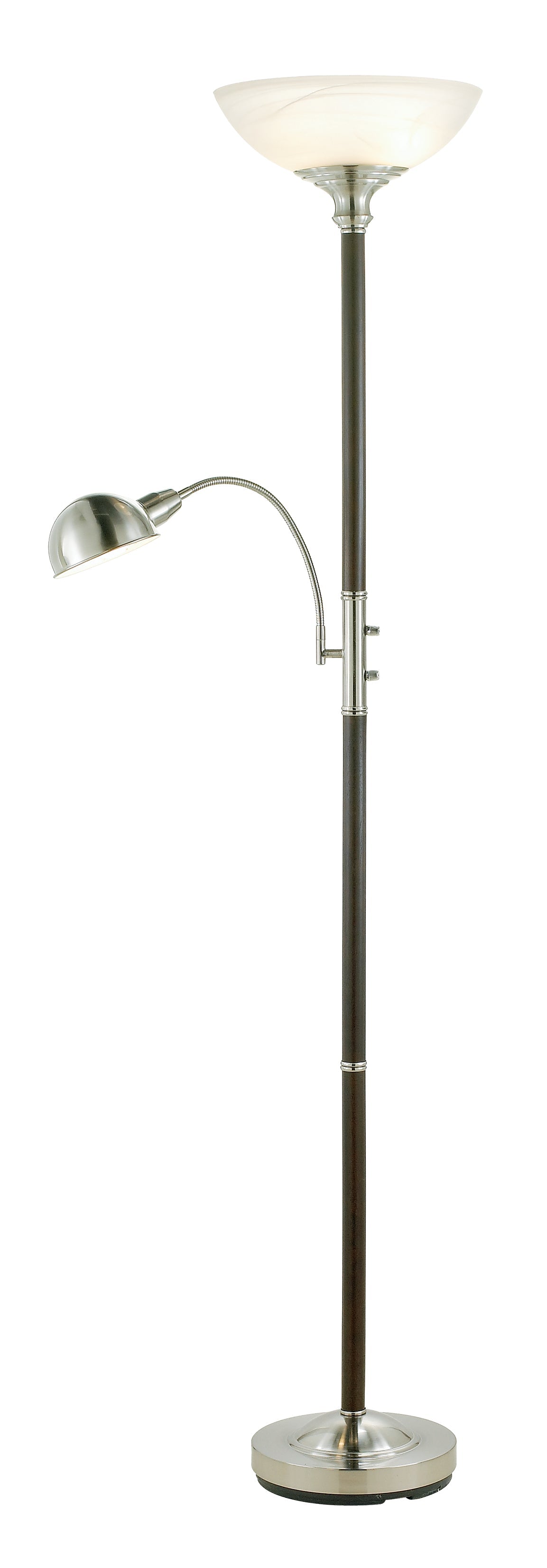 HomeRoots Two Light Combo Floor Lamp Torchiere with Frosted Glass Dome Shade and Reading Light in Wood and Brushed Steel Finish