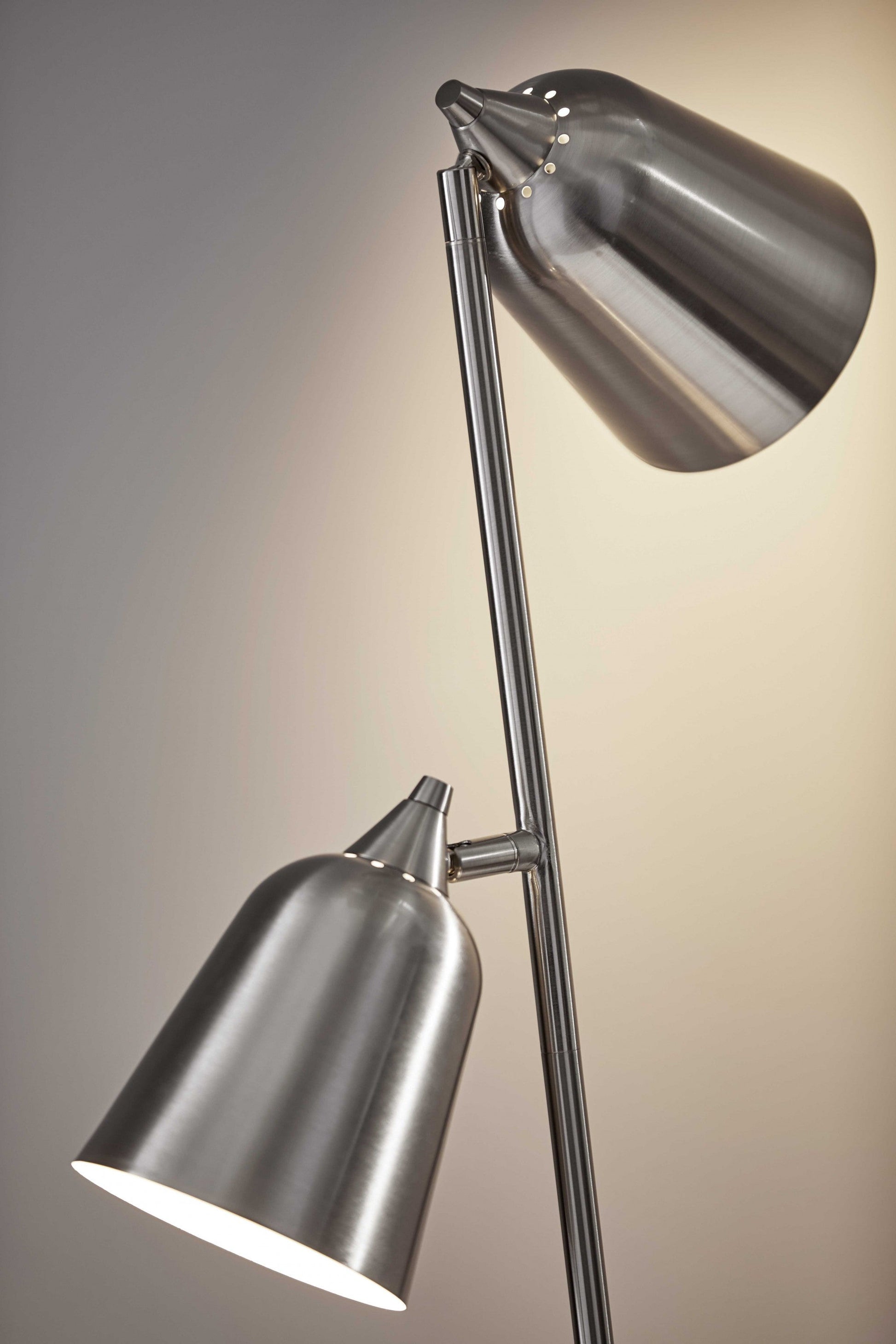 HomeRoots Two Light Floor Lamp With Adjustable Shades in Brushed Steel Finish