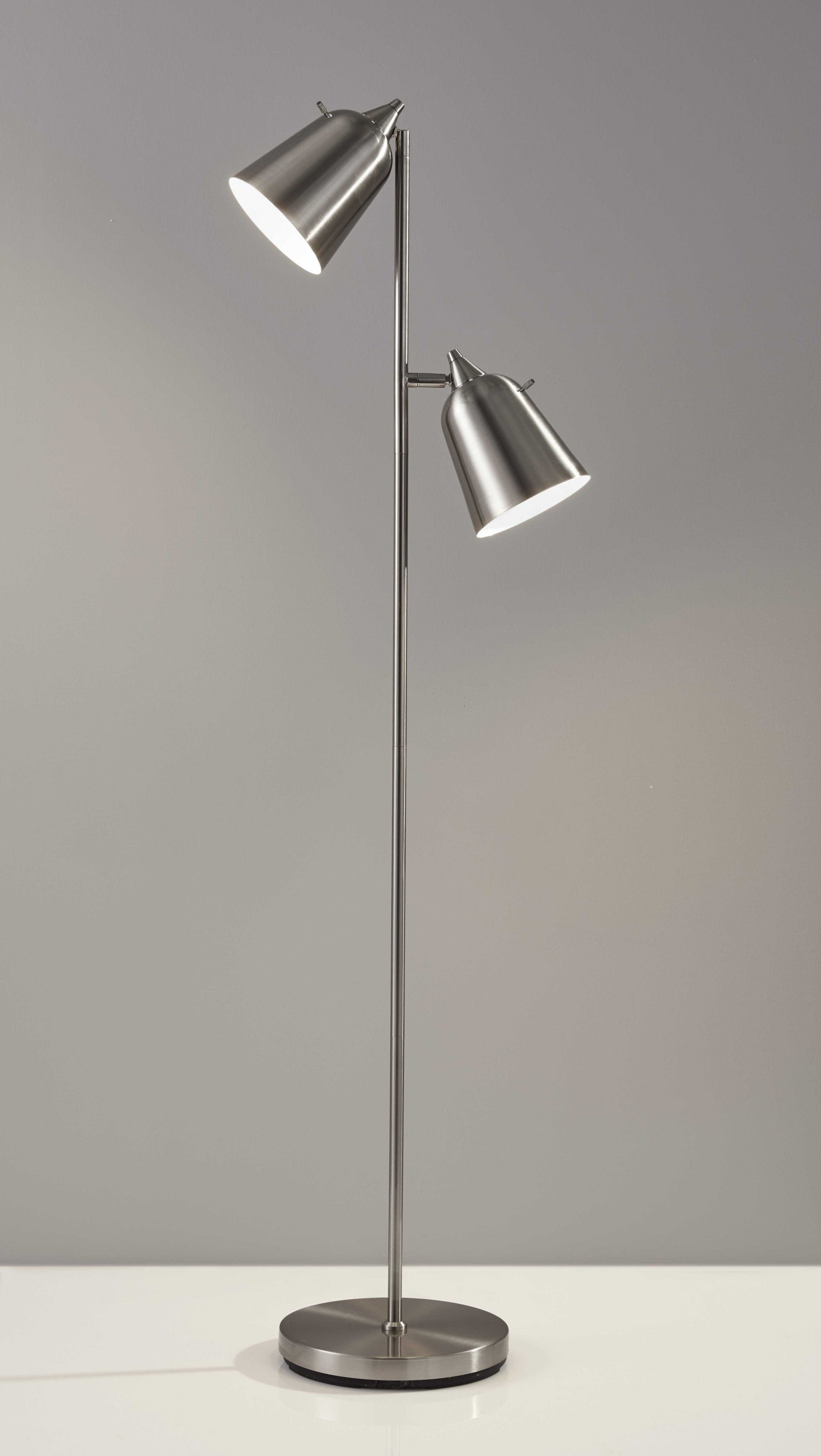 HomeRoots Two Light Floor Lamp With Adjustable Shades in Brushed Steel Finish