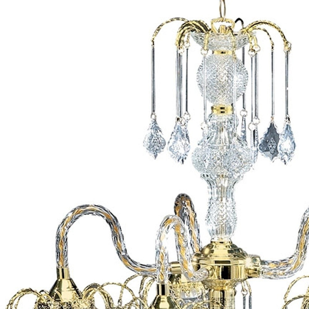 HomeRoots Two Tier Hanging Chandelier Light With Crystal Accents and Gold Finish