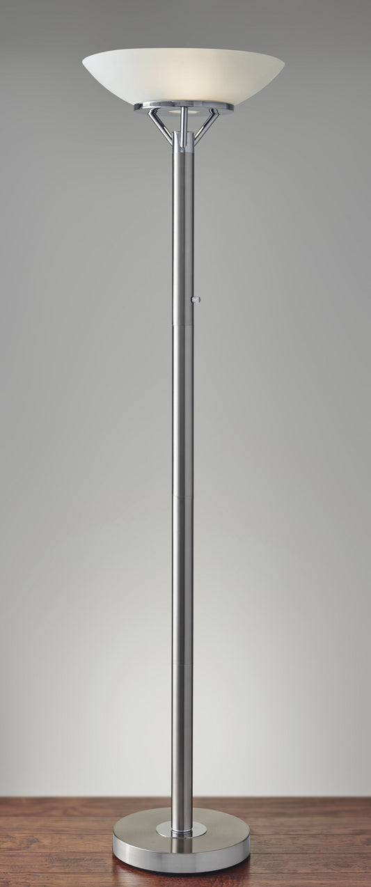 HomeRoots Uplighting Torchiere With Frosted Glass Shade in Brushed Steel Finish