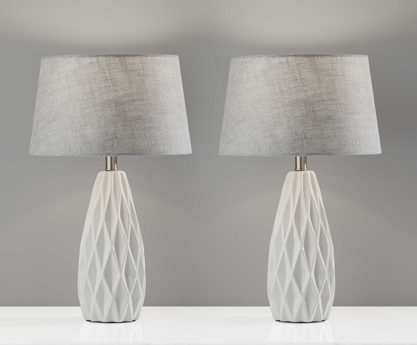 HomeRoots White Ceramic Geometric Base Table Lamp in Set of Two