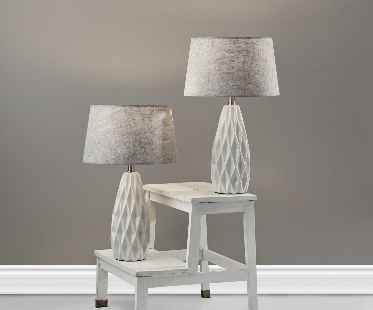 HomeRoots White Ceramic Geometric Base Table Lamp in Set of Two