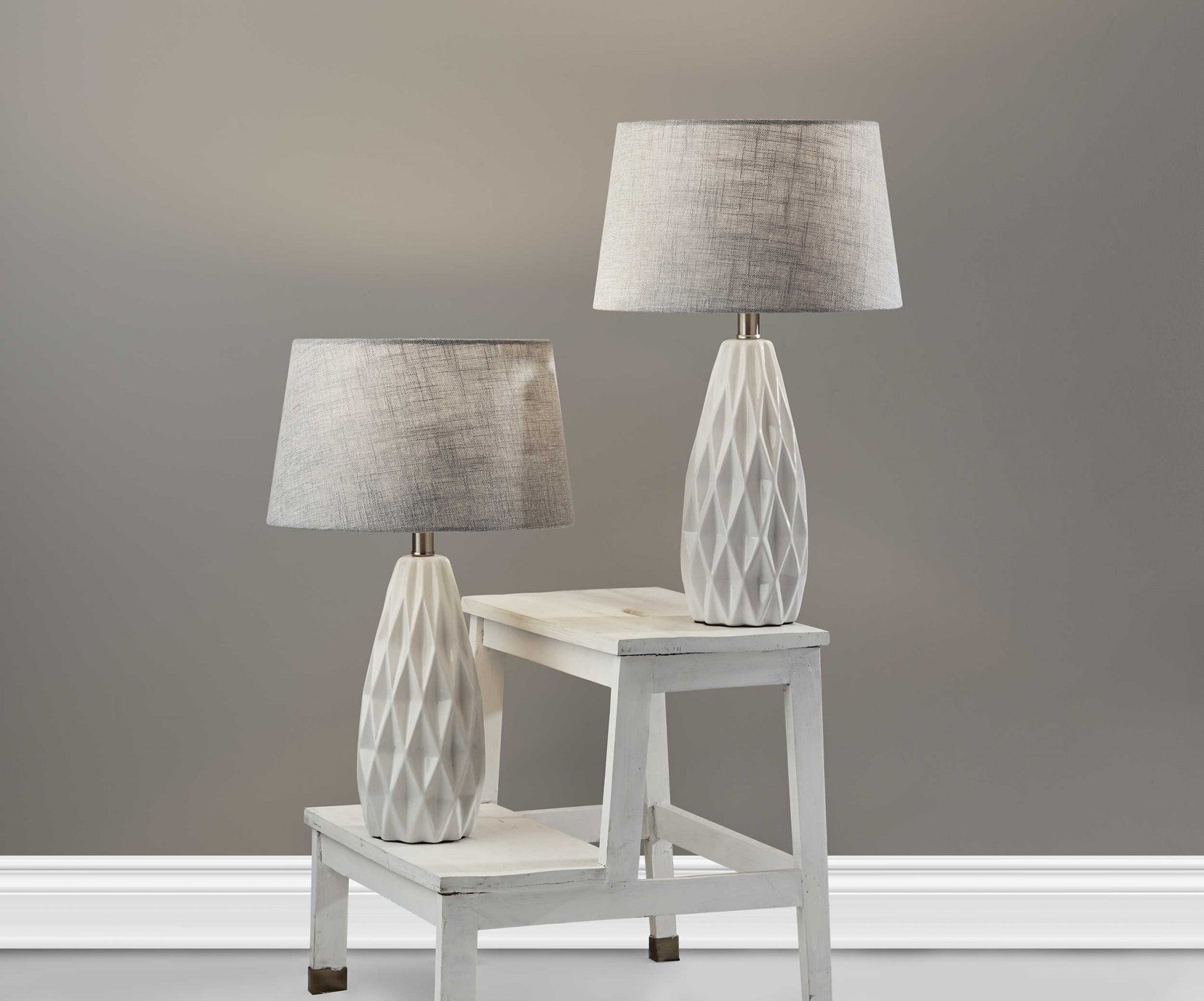 HomeRoots White Ceramic Geometric Base Table Lamp in Set of Two