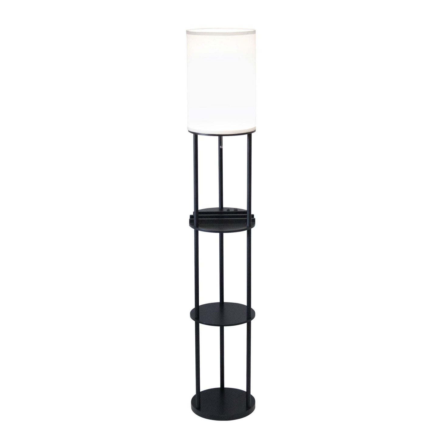 HomeRoots Wood Floor Lamp With Circular USB Charging Station Shelf in Black Finish