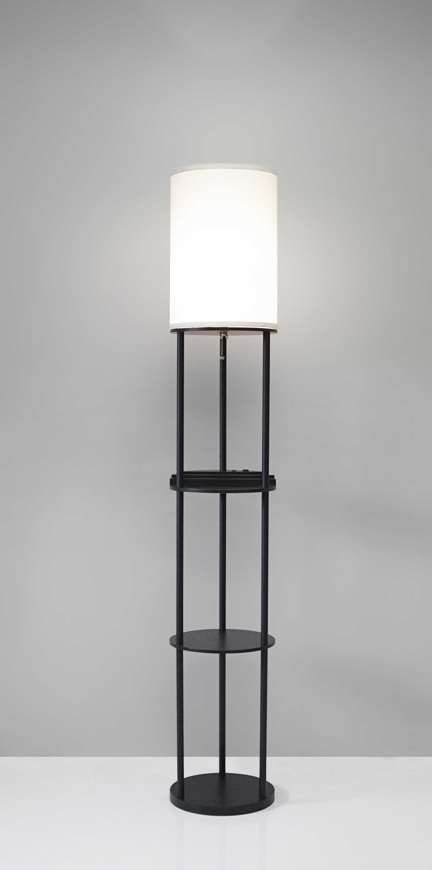 HomeRoots Wood Floor Lamp With Circular USB Charging Station Shelf in Black Finish