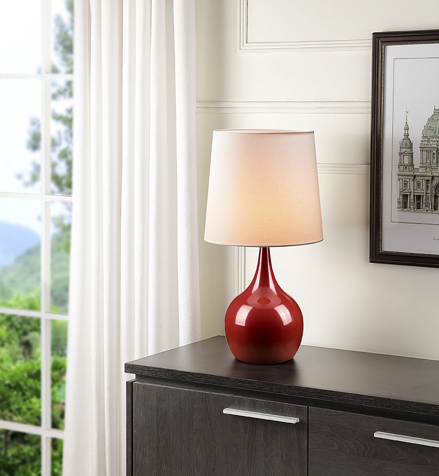 HomeRoots24" Minimalist Table Lamp With White Empire Shade and Burgundy Finish