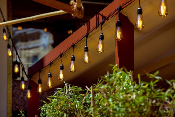 Hometown Evolution E26 Commercial 100 Foot String Light Set with Suspended S14 PLASTIC LED Filament Light Bulbs