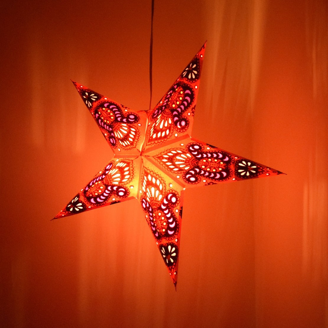 Hometown Evolution Peacock Paper Star Red Outdoor Lantern with Cord