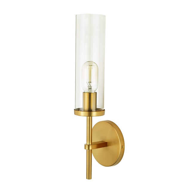 JVI Designs Alford Satin Brass 1-Light Wall Sconce With Cylinder-Shaped Clear Glass Shade