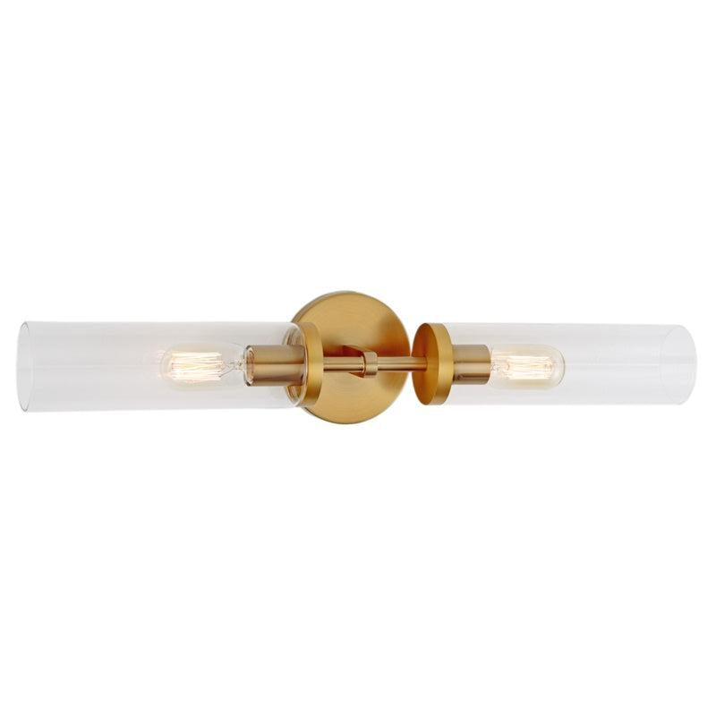 JVI Designs Alford Satin Brass 2-Light Wall Sconce With Cylinder-Shaped Clear Glass Shade