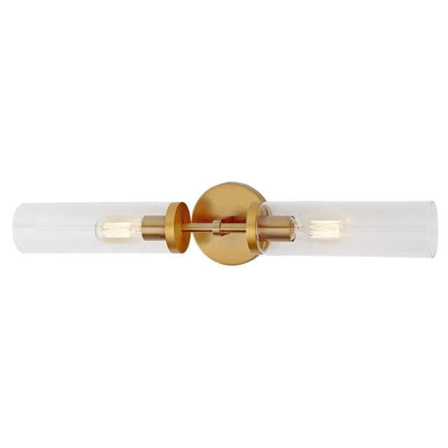 JVI Designs Alford Satin Brass 2-Light Wall Sconce With Cylinder-Shaped Clear Glass Shade