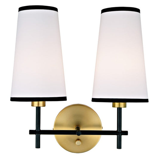 JVI Designs Bellevue Satin Brass & Black 2-Light Wall Sconce With Cone-Shaped Fabric Shade