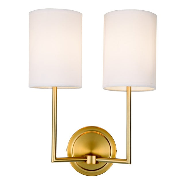 JVI Designs Elliot Satin Brass 2-Light Wall Sconce With Cylinder-Shaped White Fabric Shade