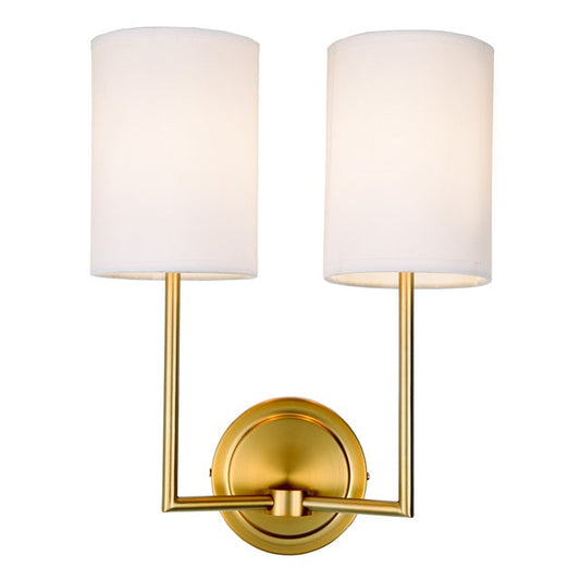 JVI Designs Elliot Satin Brass 2-Light Wall Sconce With Cylinder-Shaped White Fabric Shade