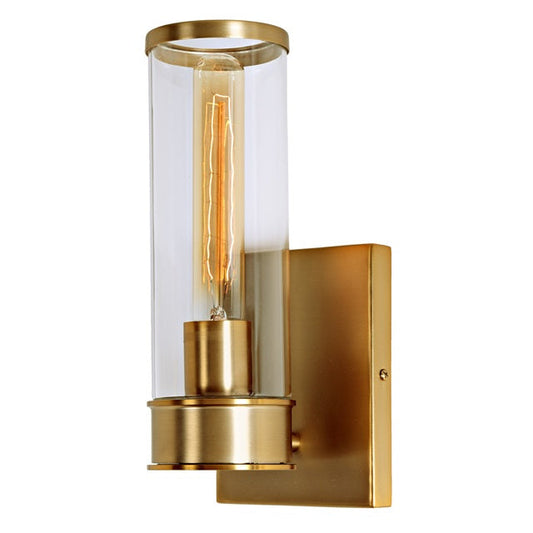 JVI Designs Gramercy Satin Brass 1-Light Art Deco Wall Sconce With Cylinder-Shaped Glass Shade