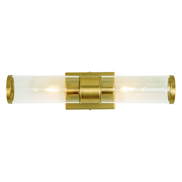 JVI Designs Gramercy Satin Brass 2-Light Art Deco Wall Sconce With Cylinder-Shaped Glass Shade