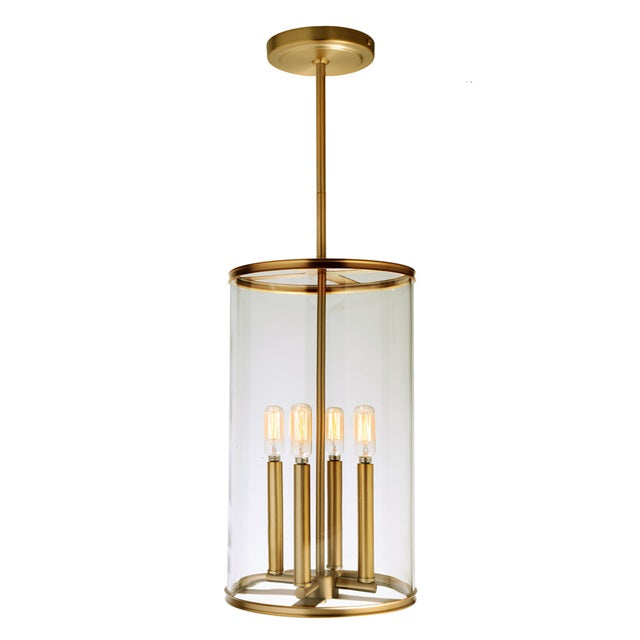 JVI Designs Gramercy Satin Brass 4-Light Hanging Pendant Lighting With Cylinder Clear Glass Shade