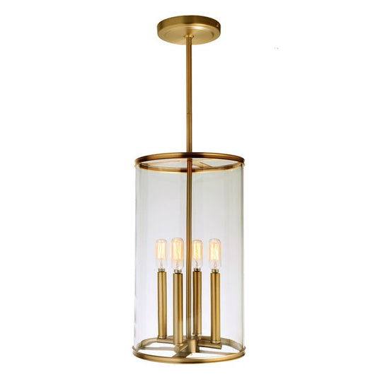 JVI Designs Gramercy Satin Brass 4-Light Hanging Pendant Lighting With Cylinder Clear Glass Shade